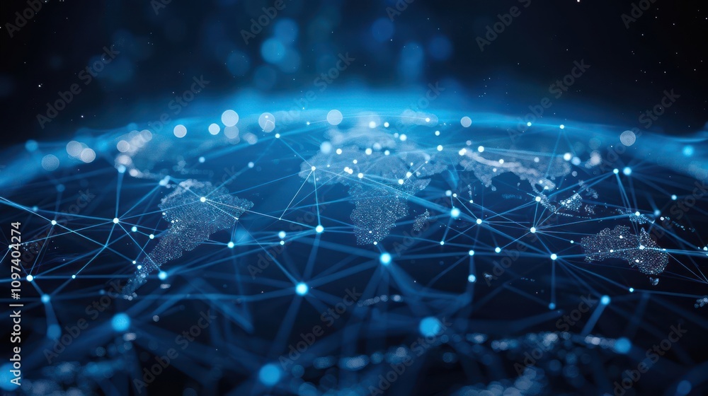 Poster a digital representation of a global network with interconnected nodes and continents.