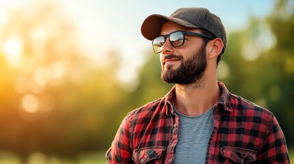 Bearded man in a flannel shirt outdoors wearing AR glasses and analyzing environmental data representing the integration of augmented reality in sustainable farming