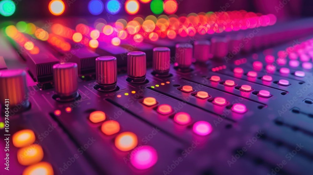 Fototapete a close-up of a colorful audio mixing console with illuminated controls and sliders.