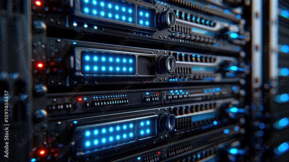 Poster close-up of a data server with illuminated indicators, showcasing technology infrastructure.