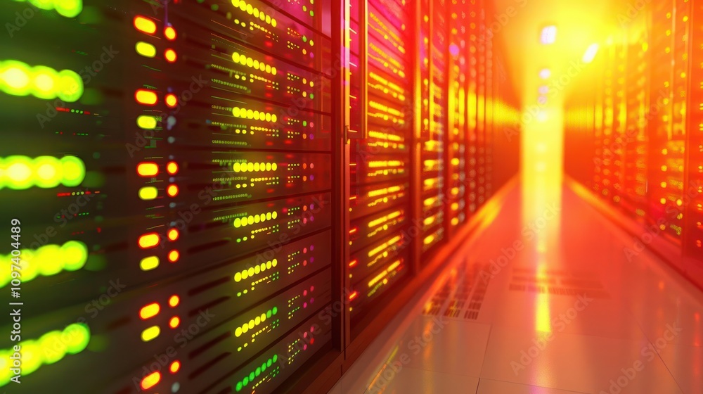 Aufkleber a corridor of illuminated server racks in a data center, highlighting technology infrastructure.