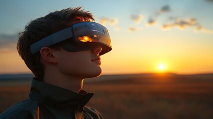 Man wearing futuristic AR glasses at sunset in a vast field symbolizing technological advancements in environmental monitoring and data driven agricultural practices