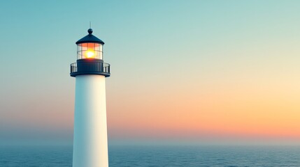 Lighthouse at Sunset: Guiding Light. A solitary lighthouse stands tall against a serene sunset, its beacon illuminating the calm ocean.  A symbol of hope, guidance, and perseverance.