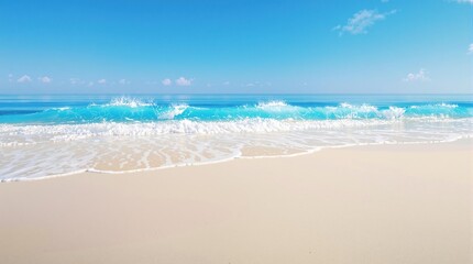 Fototapeta premium Ocean wave breaking on a beach with soft blue water and a clear sky, ocean waves, soft blue water, calming colors, gentle motion, sandy shoreline.