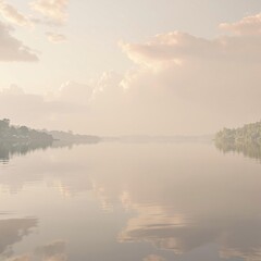 Fototapeta premium Overcast sky with clouds reflecting off the surface of a tranquil lake, lake, scenery, nautical