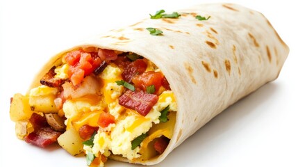 A hearty breakfast burrito with scrambled eggs, crispy bacon, potatoes