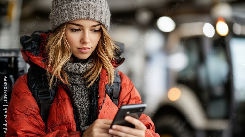 Poster woman in a red jacket standing near a tractor using a smartphone to analyze farming metrics and impl