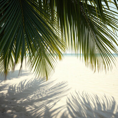 Fototapeta premium Palm fronds swaying gently in the ocean breeze, casting a soothing pattern on the sandy beach , natural elements, gentle texture, ocean breeze