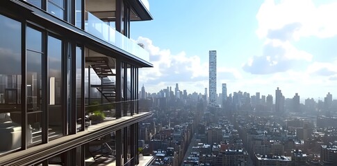 Fototapeta premium Modern high-rise building overlooking a city skyline with a bright sky.