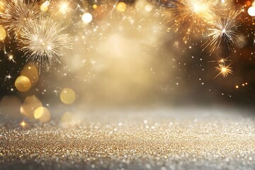 Fototapeta premium Abstract golden and blue glittering bokeh lights on a dark background, evoking a festive, magical