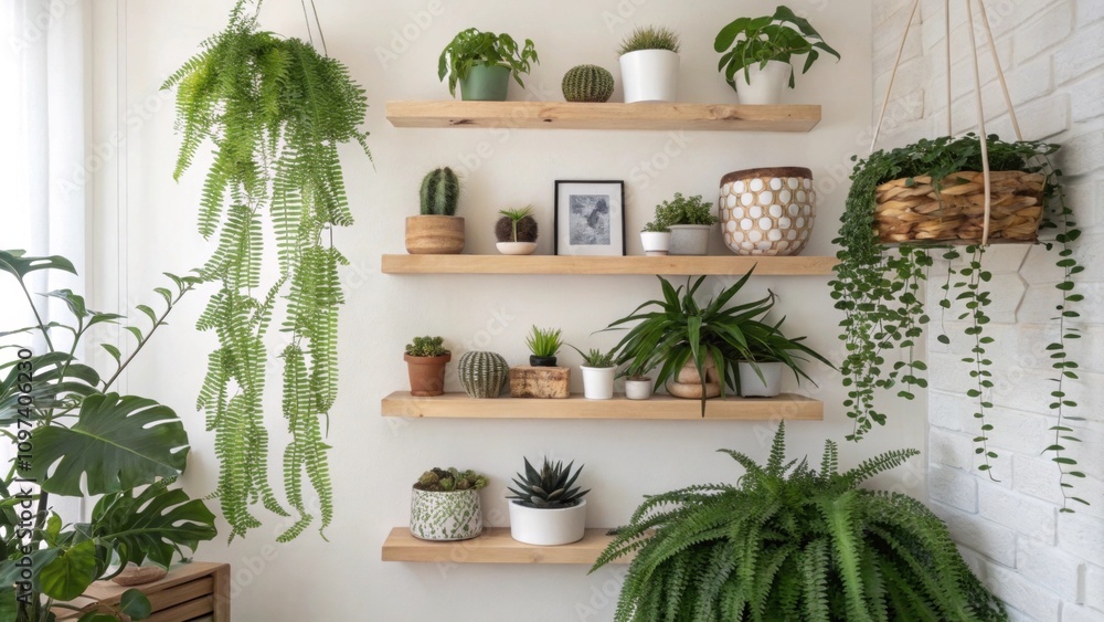 Poster shelves integrated into the wall showcase an array of succulents and ferns adding depth and texture 