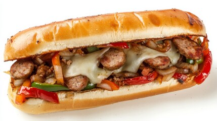 A hearty Italian sausage and pepper sandwich with grilled Italian sausage, sautéed peppers and onions, marinara sauce