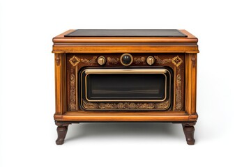 Obraz premium Vintage wooden oven with intricate carvings, isolated on white background