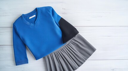 Blue shirt and gray pleated skirt on white wood.