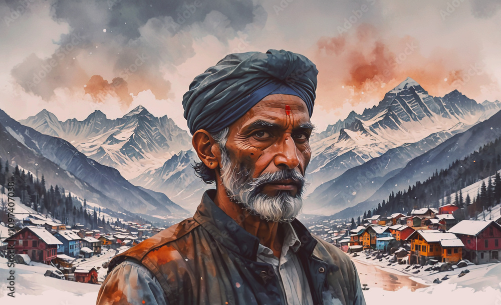Aufkleber a man with a turban stands in front of a mountain range. the man is wearing a black jacket and a tur