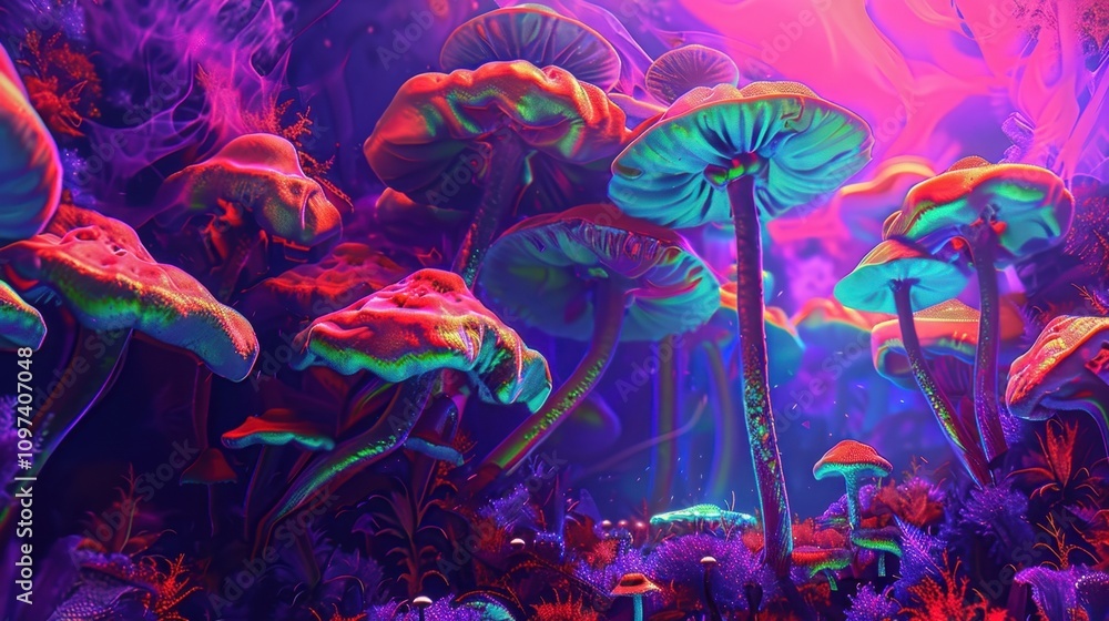Aufkleber a psychedelic mushroom garden filled with twisted dancing fungi in an array of neon colors.