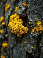 Selective focus on bright yellow lichen on tree bark, symbiotic, environmental