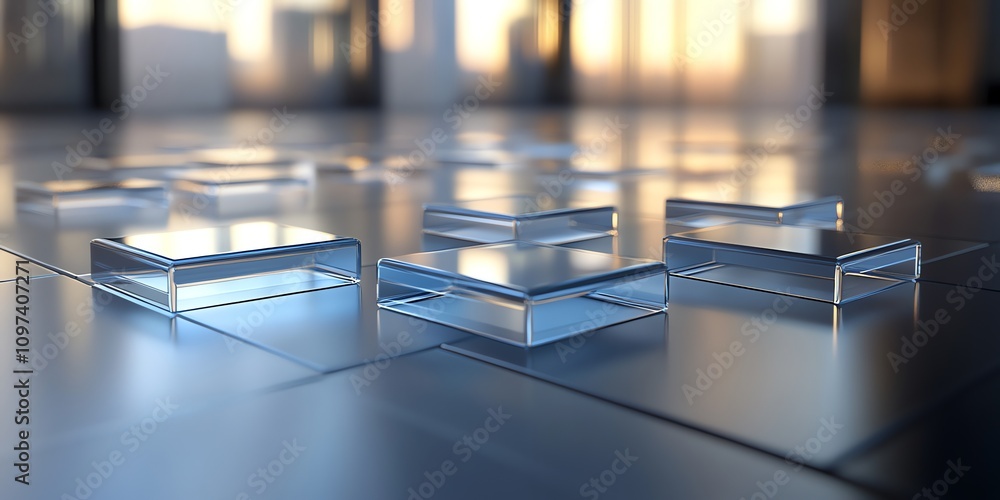 Poster A serene arrangement of transparent rectangular blocks reflecting light on a polished surface.