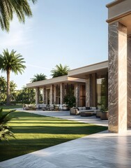Obraz premium Modern architectural design featuring a spacious patio and lush landscaping.