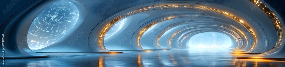 Aufkleber futuristic corridor with glowing elements and large circular windows.