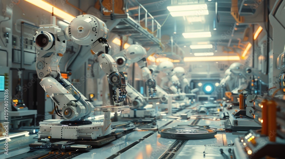 Poster futuristic robotic assembly line in a high-tech factory.