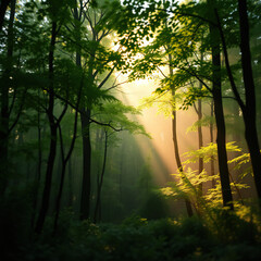 Obraz premium Soft focus photography of a quiet forest with vibrant greenery and sunlit undergrowth, sunlight, overgrown vegetation, quiet atmosphere