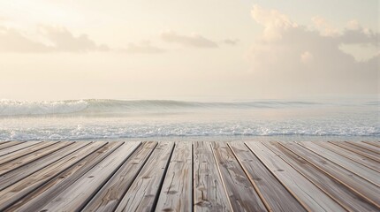 Fototapeta premium Soft serene ocean waves gently lapping against a weathered wooden dock on a tranquil morning, calm sea, serenity, watercolor background, nature landscape, weathered wood