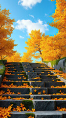Spectacular autumn scene with yellow ginkgo leaves on granite steps, stairs, botanical, steps