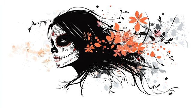 Calavera Catrina woman profile with floral design.