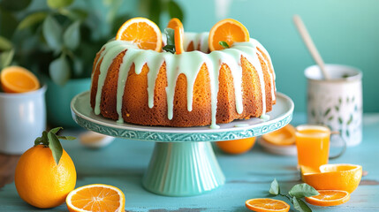 Bundt cake. A vibrant orange bundt cake with a glossy icing, garnished with orange slices, set against a cheerful background with fresh oranges.