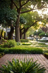 Lush urban park blending nature with city life