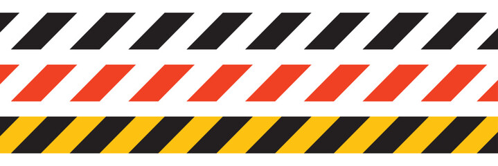 Warning tape with yellow and black diagonal stripes. Warn stop seamless line. Vector illustration on white background. Blank vector illustration warning background. Long danger ribbon