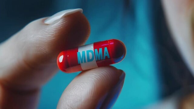 Close-up of Hand Holding MDMA Capsule with Blue Background