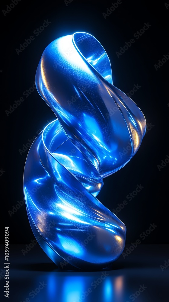 Poster a glowing blue abstract sculpture with twisting forms, showcasing light and fluidity.