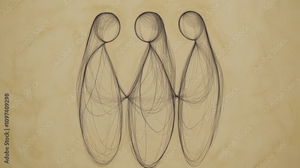 Poster minimalist line art of two abstract figures facing each other symbolizing dialogue connection and un