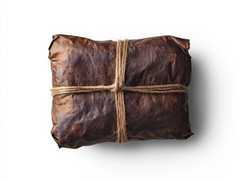 Wrapped parcel tied with twine, isolated on white background