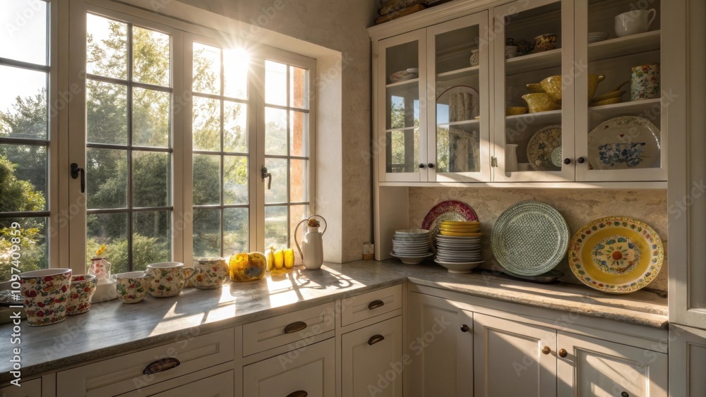 Aufkleber sunlight streams through the windows illuminating the cheerful ceramic plates and mugs nestled withi