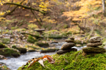 渓谷の苔の上の石遊び