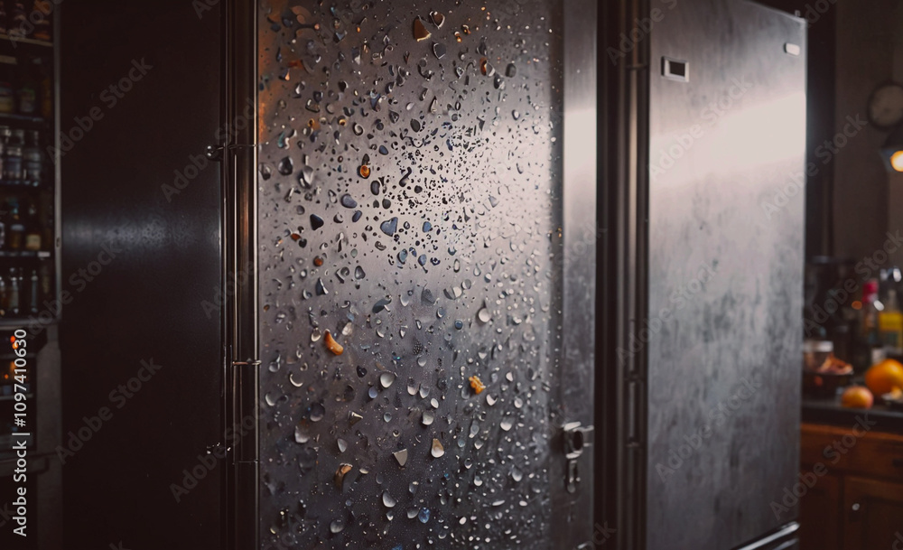 Poster the refrigerator is wet and has a shiny surface. the water droplets are scattered all over the fridg