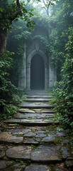 Fototapeta premium Weathered stone path leading to a mysterious entrance , ancient, mysterious, entrance, mystical