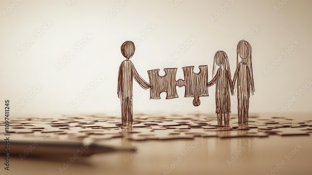 Poster wooden figures standing together holding a puzzle piece representing collaboration team alignment an