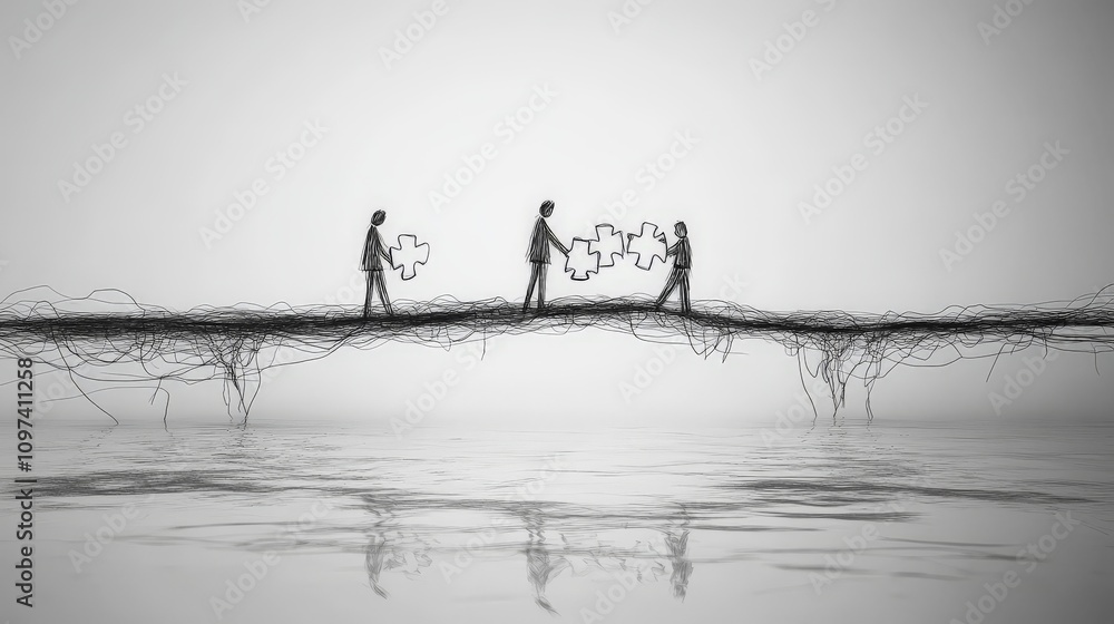 Poster black and white sketch of people connected across a bridge made of puzzle pieces symbolizing teamwor