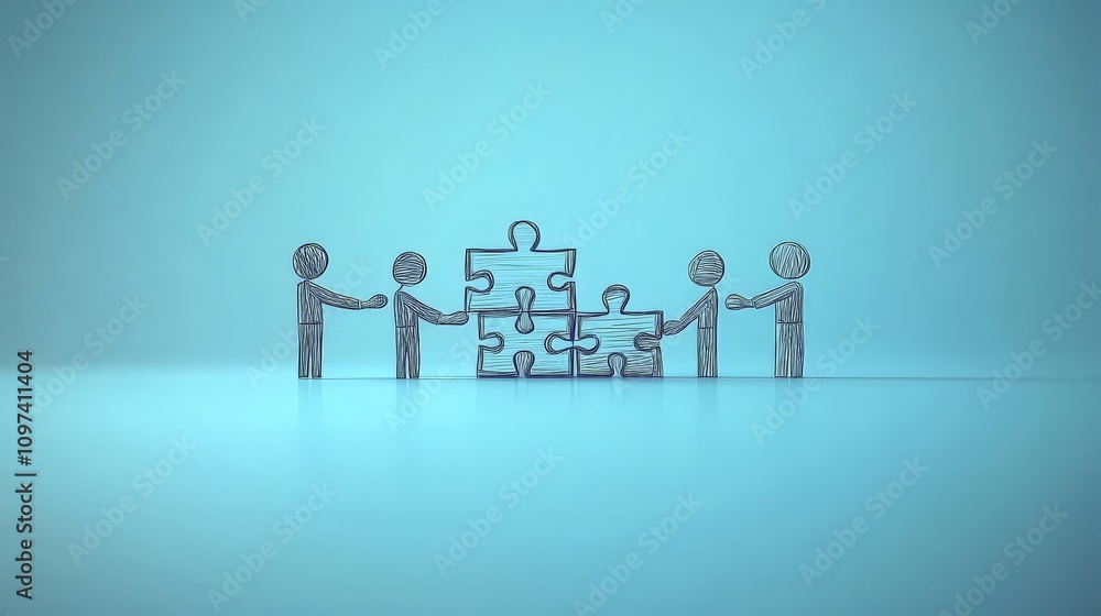 Aufkleber abstract concept of human figures surrounding interconnected puzzle pieces on a blue background emph