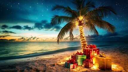 Obraz premium A tropical beach scene at night with a palm tree decorated for Christmas, surrounded by colorful presents, capturing a unique blend of holiday and vacation vibes