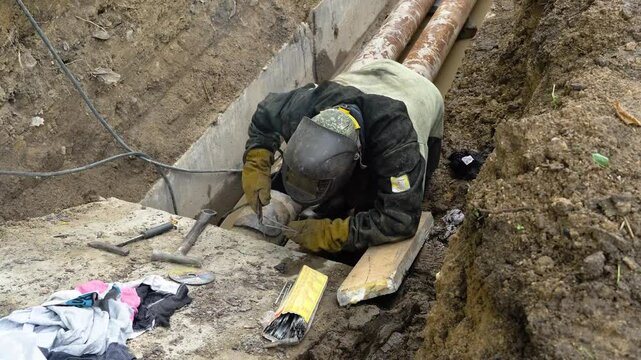 August 13, 2020 - Artem, Russia - Heating main repair. Workers are repairing the heating main.