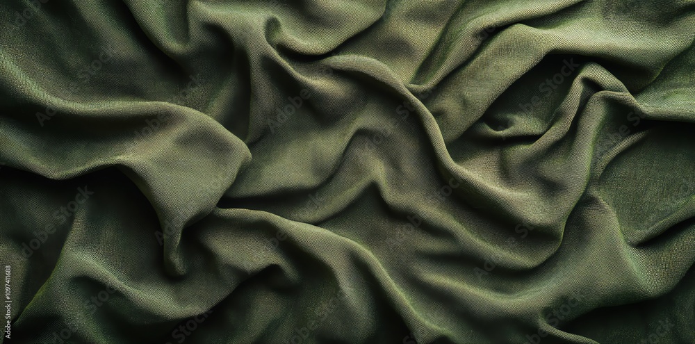 Poster a close-up view of crumpled, dark green fabric showcasing texture and folds.