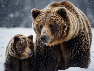 Obraz premium Family Eurasian brown bear (Ursus arctos arctos) in the forest, bear in the snow, winter.