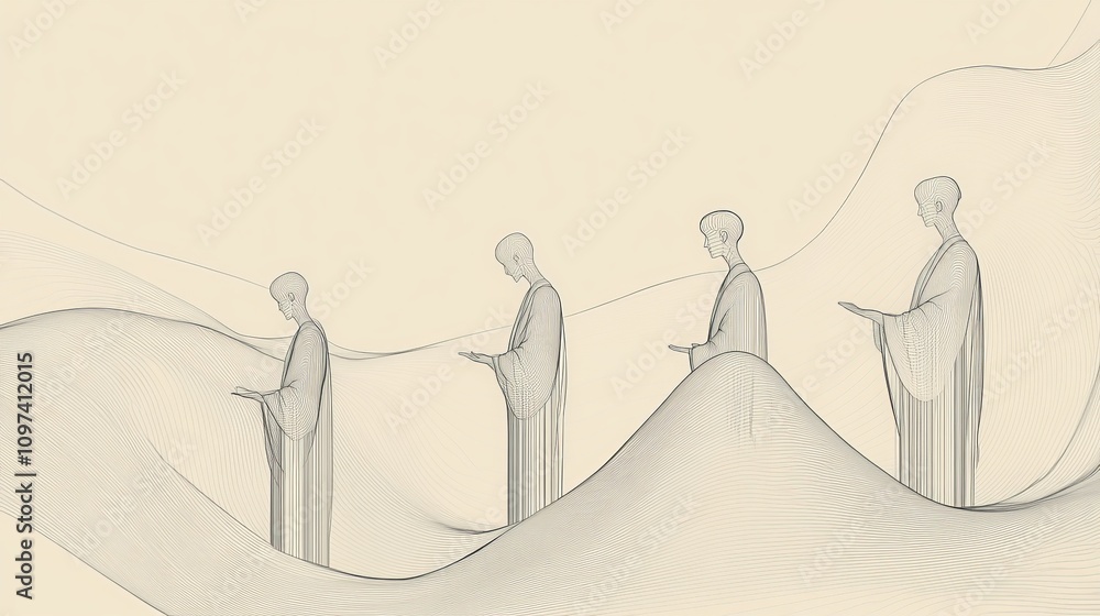 Aufkleber abstract illustration of figures connected by ropes on dunes symbolizing teamwork support and naviga