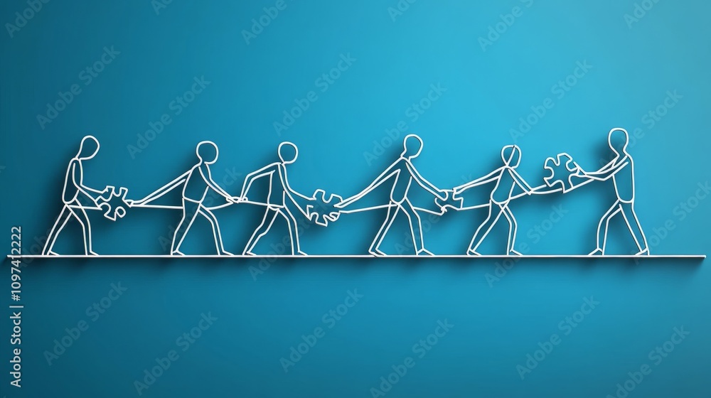 Aufkleber minimalist line art of a team pulling a rope together symbolizing teamwork cooperation and shared ef