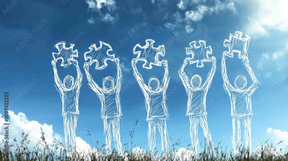 Poster illustration of puzzle shaped clouds rising above a grassy field symbolizing creativity inspiration 